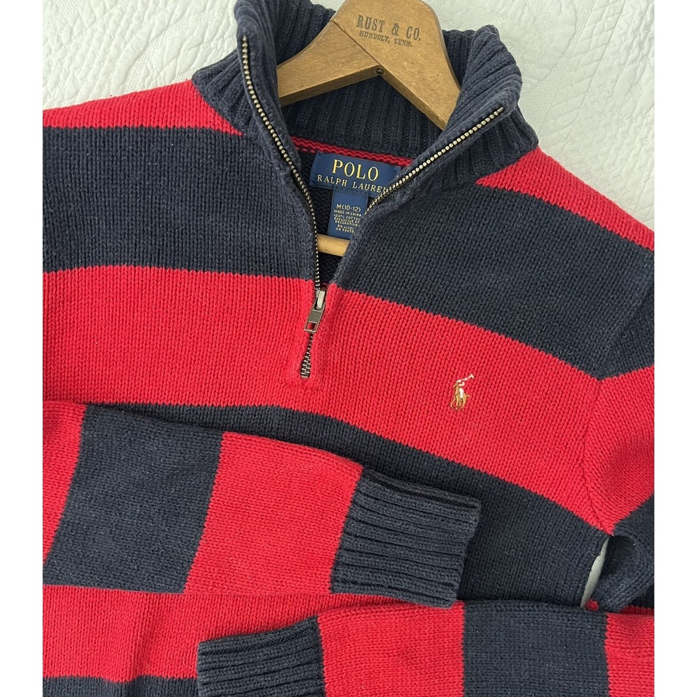 Polo Ralph Lauren Childs 10/12 Pullover 1/2 Zip Blue‎ Red Striped Boys Sweater